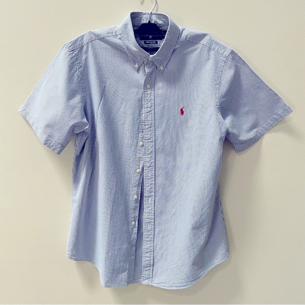 Ralph Lauren Seersucker Blue white Striped Casual Button Down Shirt
